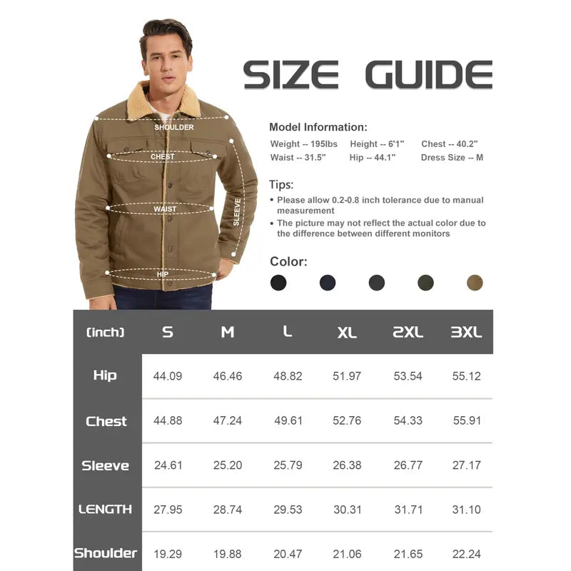 Men's Fitted Sherpa-Lined Soft Cotton Fleece Windproof Trucker Cargo Jacket