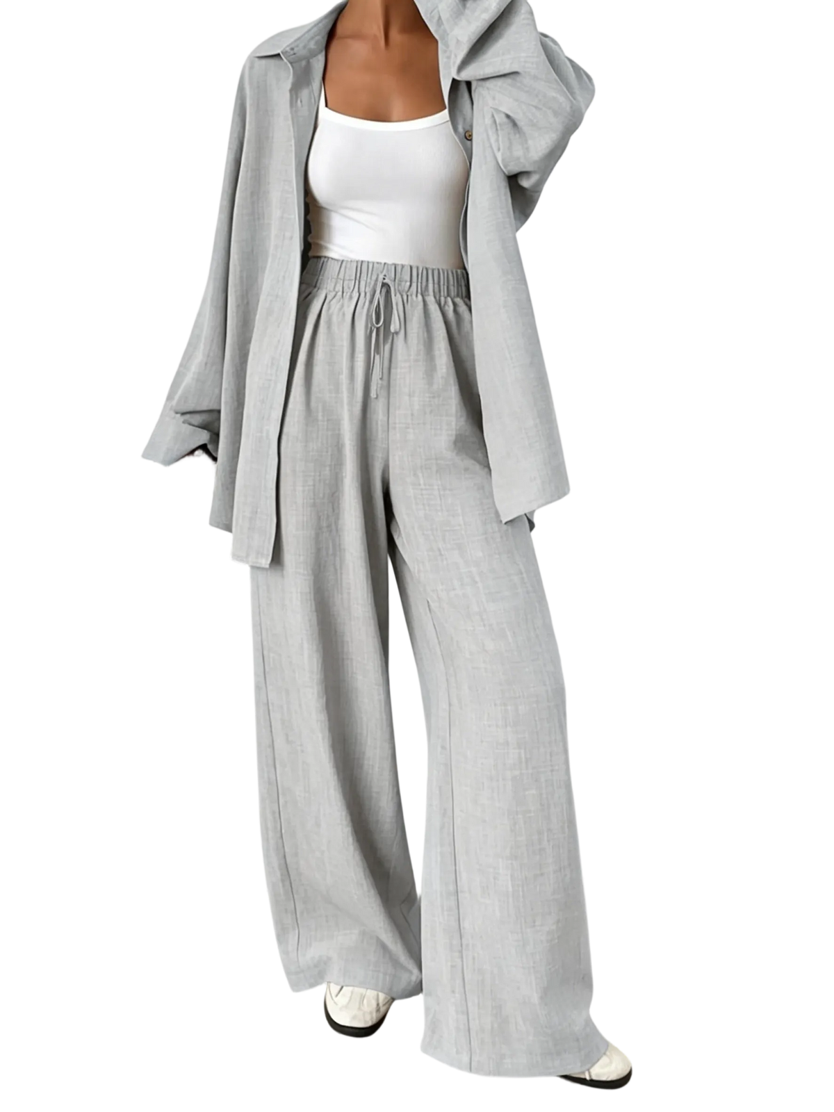 Women's casual athletic-style shirt and pants set—a two-piece ensemble featuring a loose-fitting button-down shirt and wide-leg pants, both comfortable and stylish