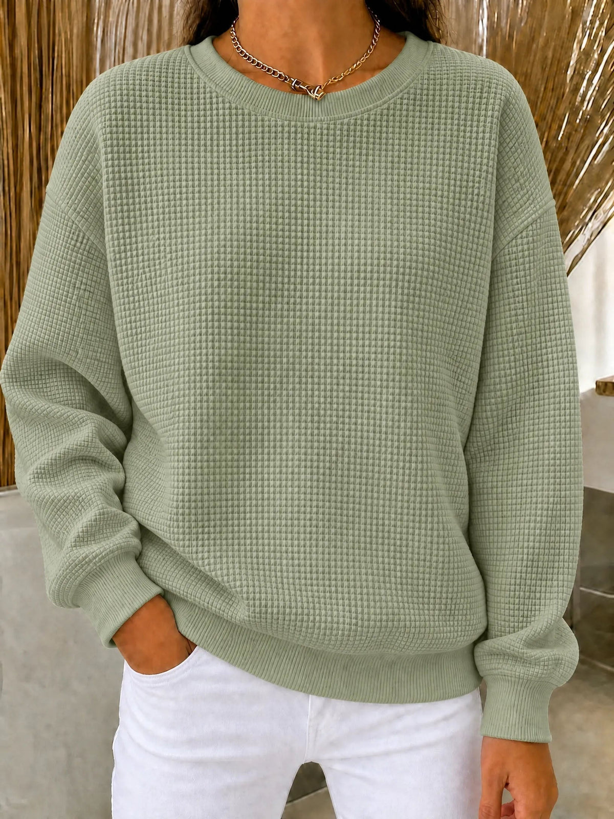 RÄUMUNGSVERKAUF🔥 Damen-Sweatshirt aus Waffelstrick mit Rundhalsausschnitt