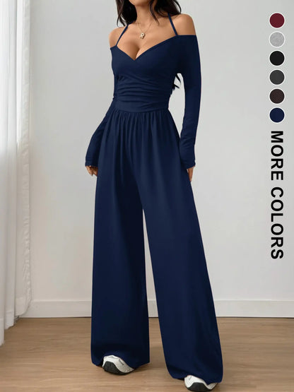 Women's Cotton-Blend Slim-Fit Pleated Off-Shoulder Wide-Leg Jumpsuit
