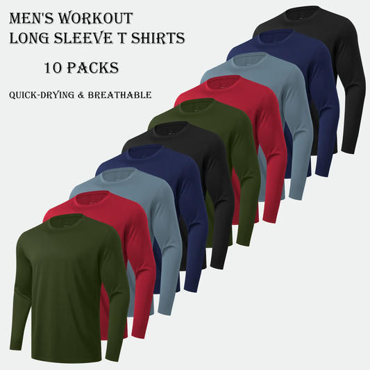 10-Pack Men's Long Sleeve Workout T-Shirts – Lightweight Breathable Sports Tops, Multi-Color