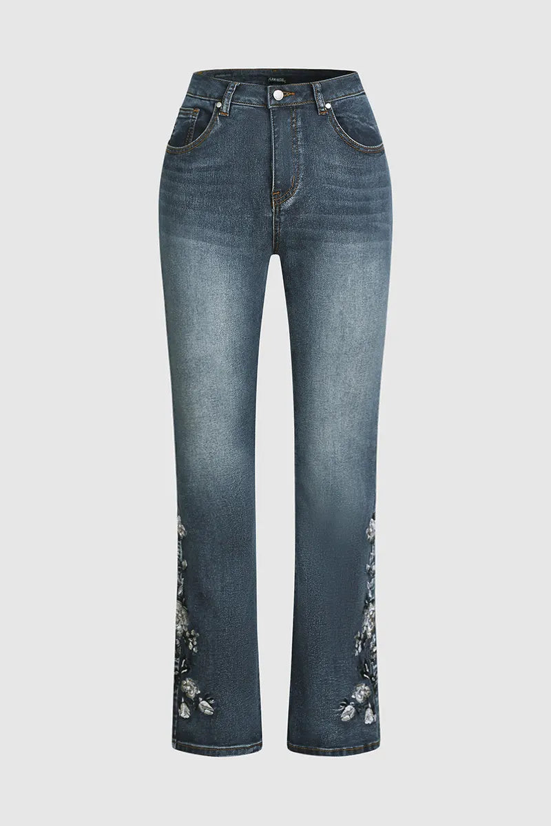 Mid-waist bootcut jeans with floral embroidery