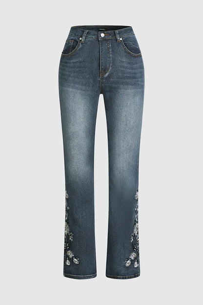 Mid-waist bootcut jeans with floral embroidery