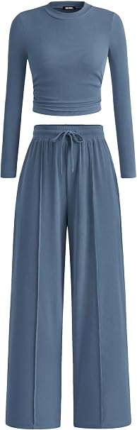 2-Piece Ribbed Knit Long Sleeve Crop Top Wide Leg Pants Matching Lounge Set Loungewear