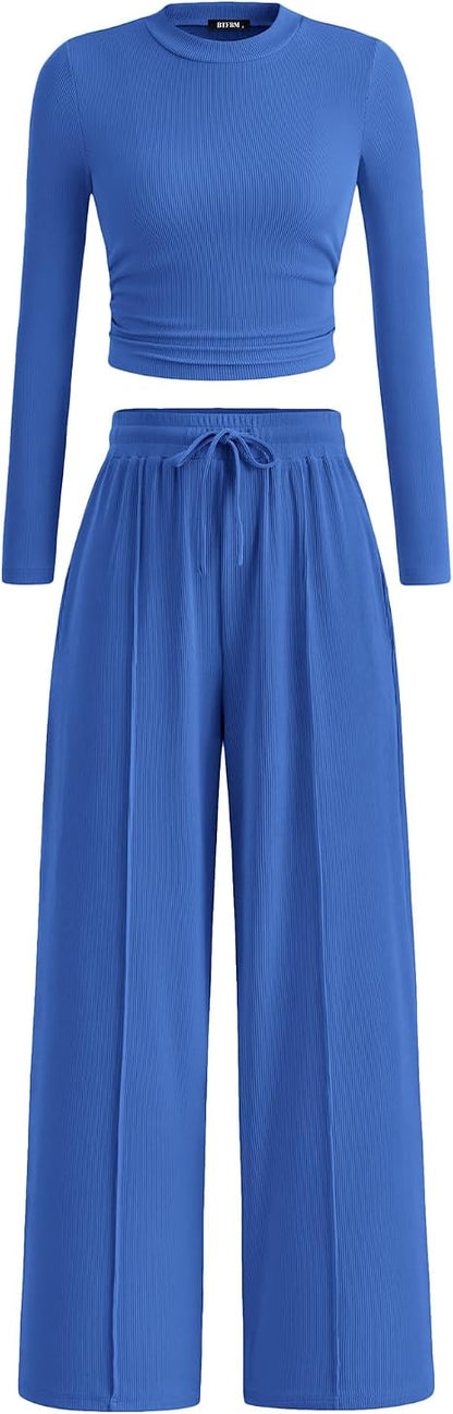 2-Piece Ribbed Knit Long Sleeve Crop Top Wide Leg Pants Matching Lounge Set Loungewear