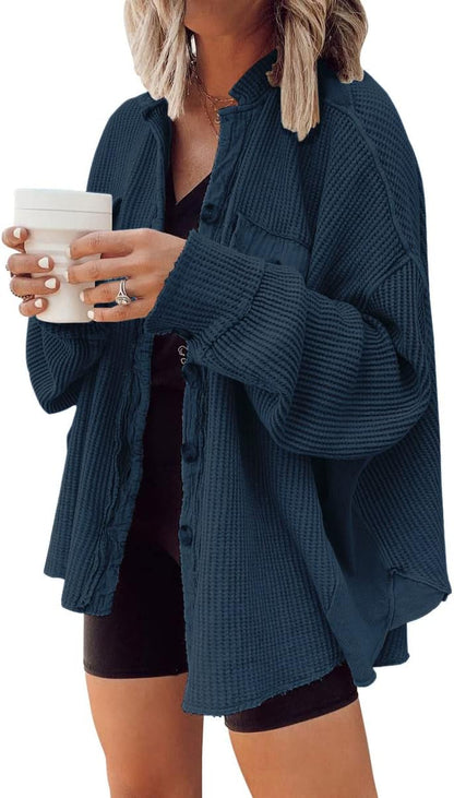 🤲✨ Women's Oversized Waffle Knit Shacket 🧶 – Batwing Sleeve Button Down Casual Shirt Jacket 🍂🤎