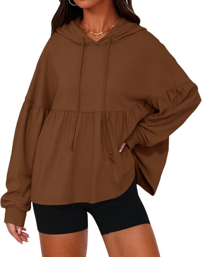 Womens Oversized Hoodies Sweatshirts Casual Lantern Long Sleeve Drawstring Peplum Hem Loose Hooded Pullover Tops