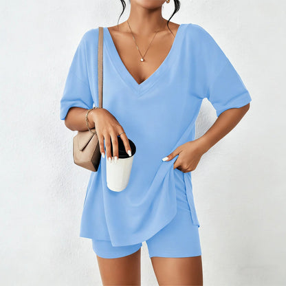 Women's V-Neck 2-Piece Loungewear Set Oversized Split Hem Top & High Waist Biker Shorts Casual Soft Pajamas
