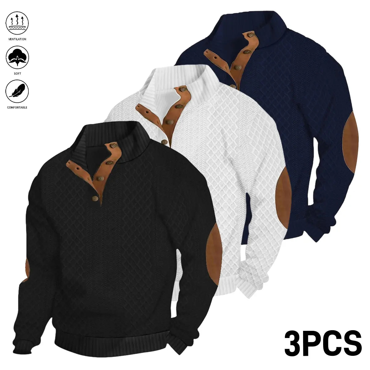 Men's Jacquard Stand Collar Long Sleeve Henley Tops 3-Pack
