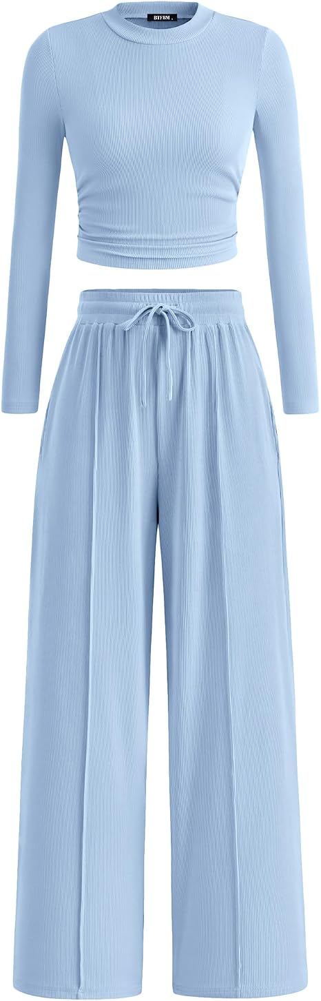 2-Piece Ribbed Knit Long Sleeve Crop Top Wide Leg Pants Matching Lounge Set Loungewear