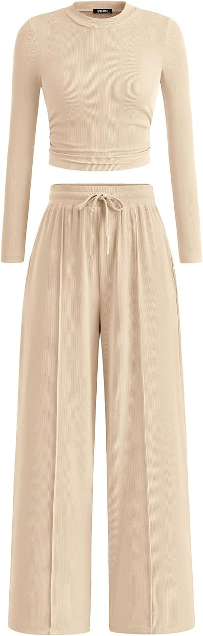 2-Piece Ribbed Knit Long Sleeve Crop Top Wide Leg Pants Matching Lounge Set Loungewear