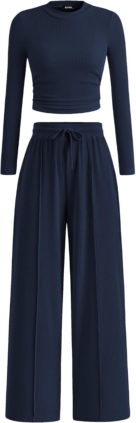 2-Piece Ribbed Knit Long Sleeve Crop Top Wide Leg Pants Matching Lounge Set Loungewear