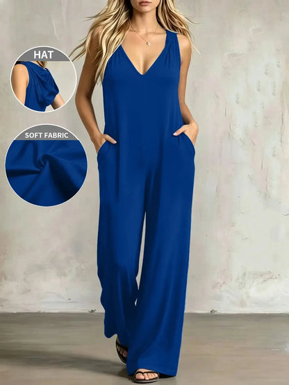 Plus-size women's V-neck jumpsuit featuring pockets and a casual strap design.