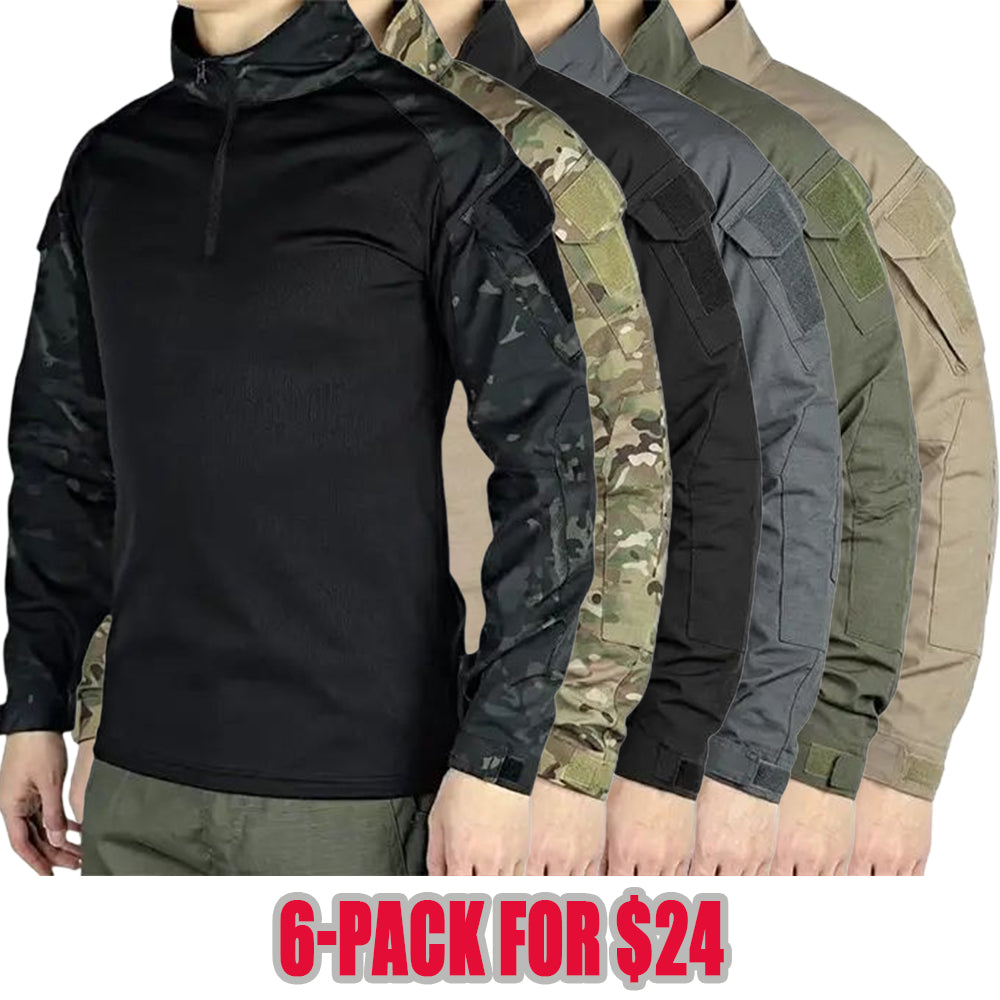 Men's long-sleeve top with a half zipper and stand collar, available in six colors; camouflage color-block design, stretchy and breathable for outdoor wear.