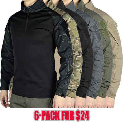 Men's long-sleeve top with a half zipper and stand collar, available in six colors; camouflage color-block design, stretchy and breathable for outdoor wear.