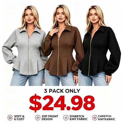 Women's Zip-Front Jacket with Ruched Sleeves and Ruffled Hem