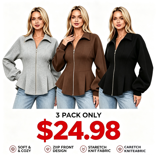 Women's Zip-Front Jacket with Ruched Sleeves and Ruffled Hem