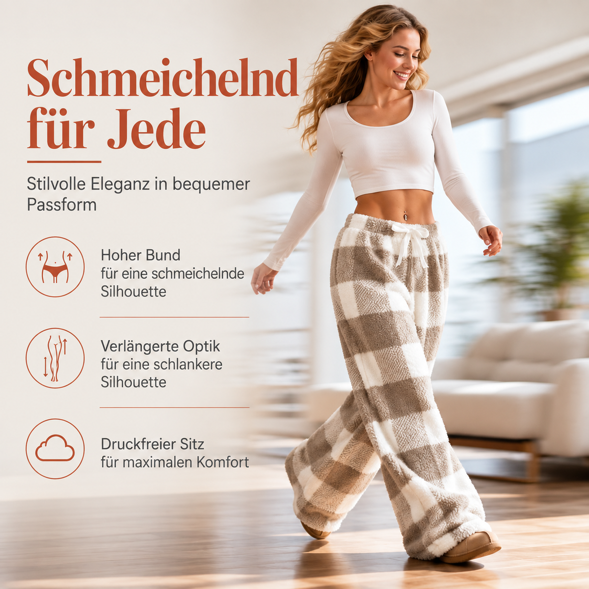 ☁️ Wohlfühl-Komfort | Plüschige Damenhose mit Karomuster und weitem Bein