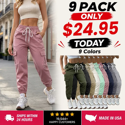 Women's Plain Drawstring Waist Cargo Pants, Casual Pocket Trousers for Daily Wear
