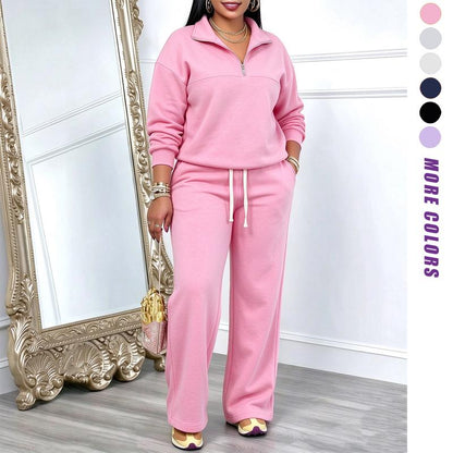 Women's Solid-Color Sweatshirt and Sweatpants Set for Autumn/Winter