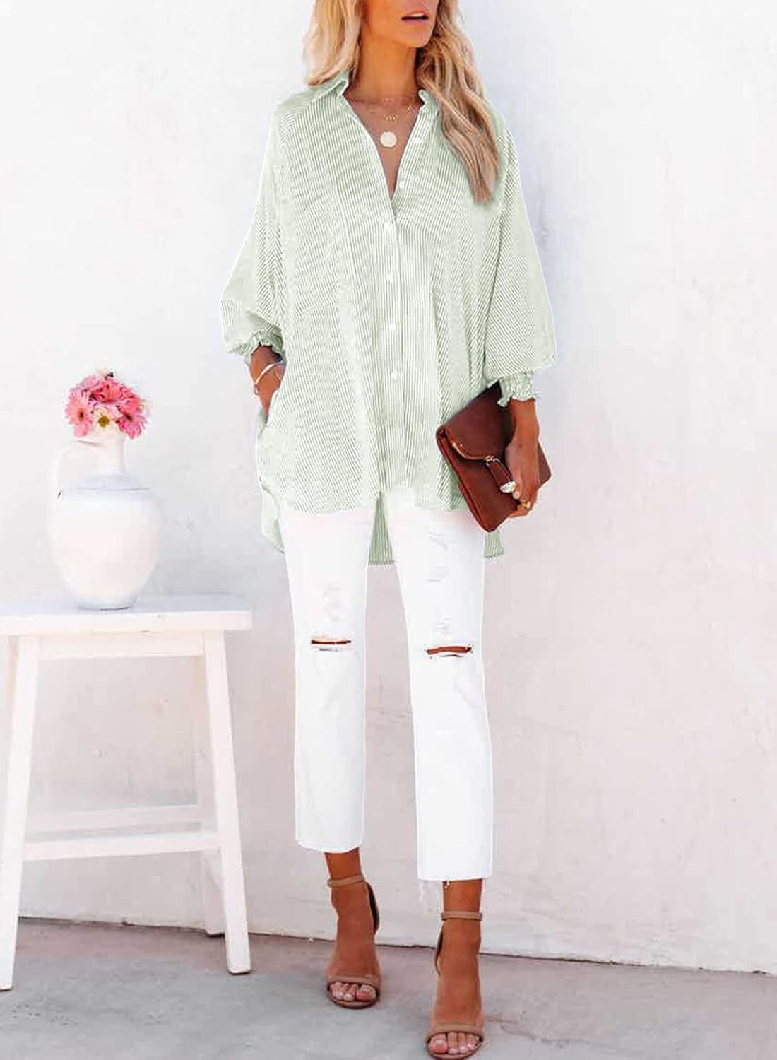 Women's Striped Oversized Button Down Shirt | Casual Long Sleeve Top