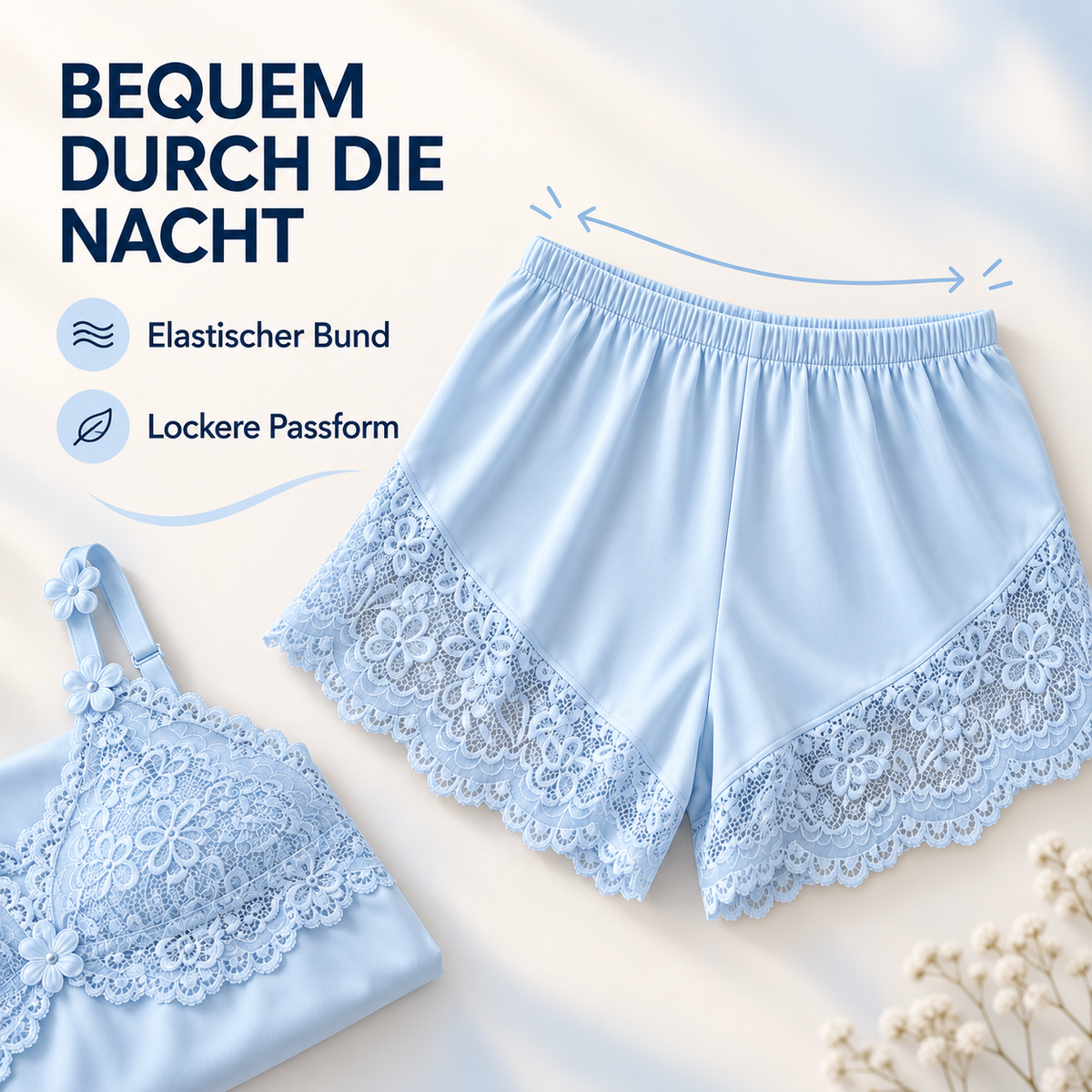 🥳HEISSER VERKAUF 2026🥳💞ÜBER 50.000 VERKAUFT!👗🌸 60 % RABATT! Pyjama-Set aus Top und Shorts mit Spitzenbesatz – Weicher, satinartiger Stoff, verstellbare Träger und V-Ausschnitt.