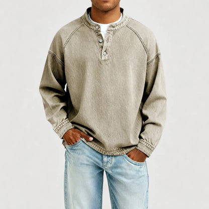 Men's Vintage Washed Henley Pullover – 3-Button Long Sleeve Relaxed Fit Casual Shirt