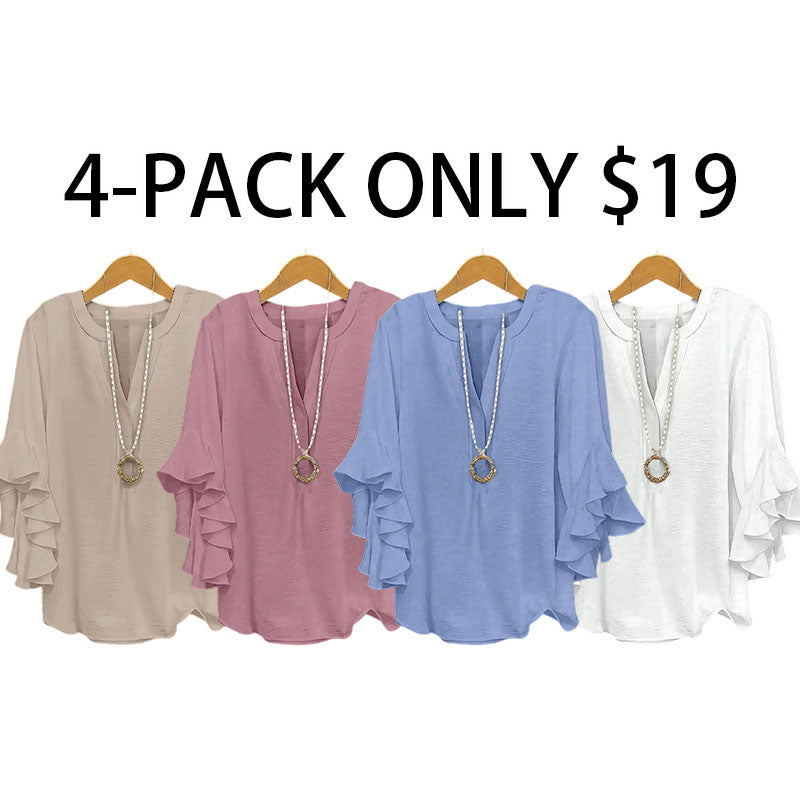Plus Size Women's Ruffled Sleeve V-Neck Shirt Blouse Tops, Elegant Floral Design