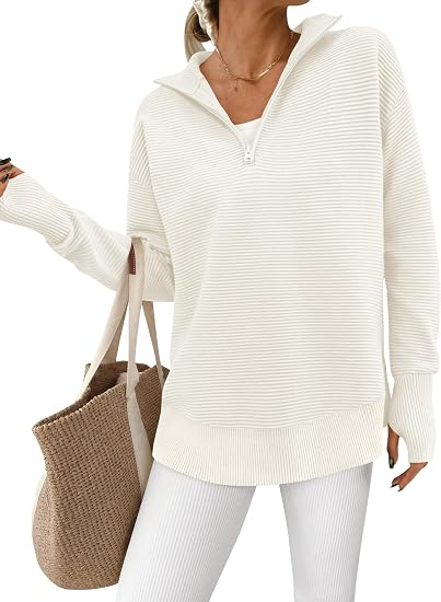 Women's Ribbed Half-Zip Tunic Sweater – Relaxed Fit Long Sleeve Pullover