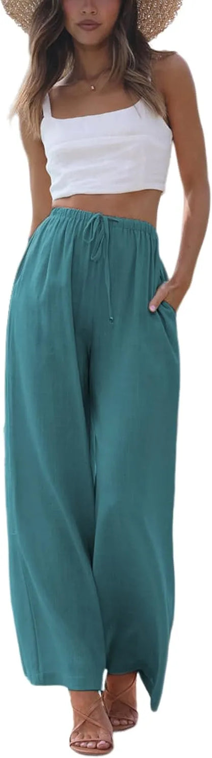 Women's Cotton Linen Summer Palazzo Pants Flowy Wide Leg Beach Trousers with Pockets