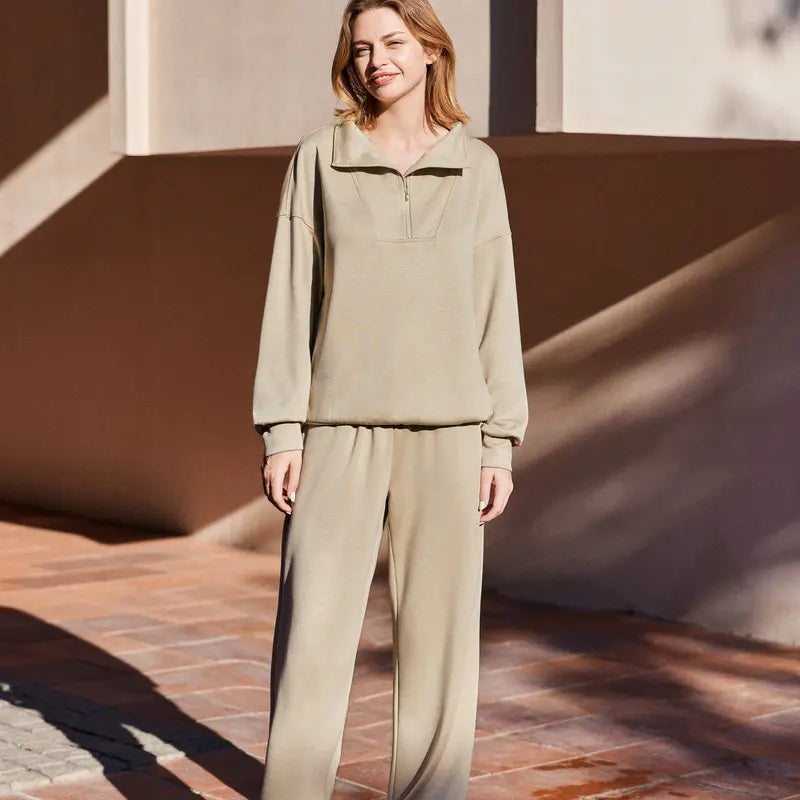 Women's Cotton-Blend Lightweight Relaxed-Fit Half-Zip Tracksuit Set
