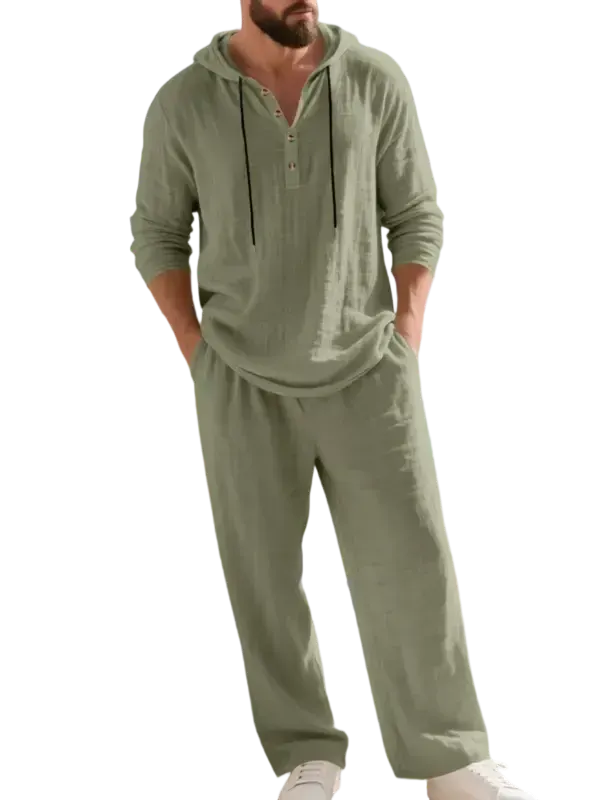 Linen Men's Hooded Casual Loose Top & Pants 2-Piece Set