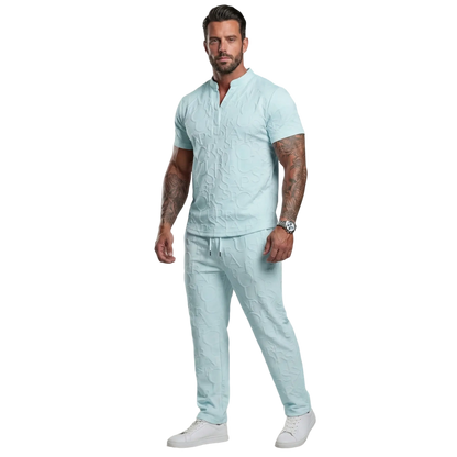 Men's Casual Textured Notched Neck Tee & Regular-Fit Drawstring Trousers