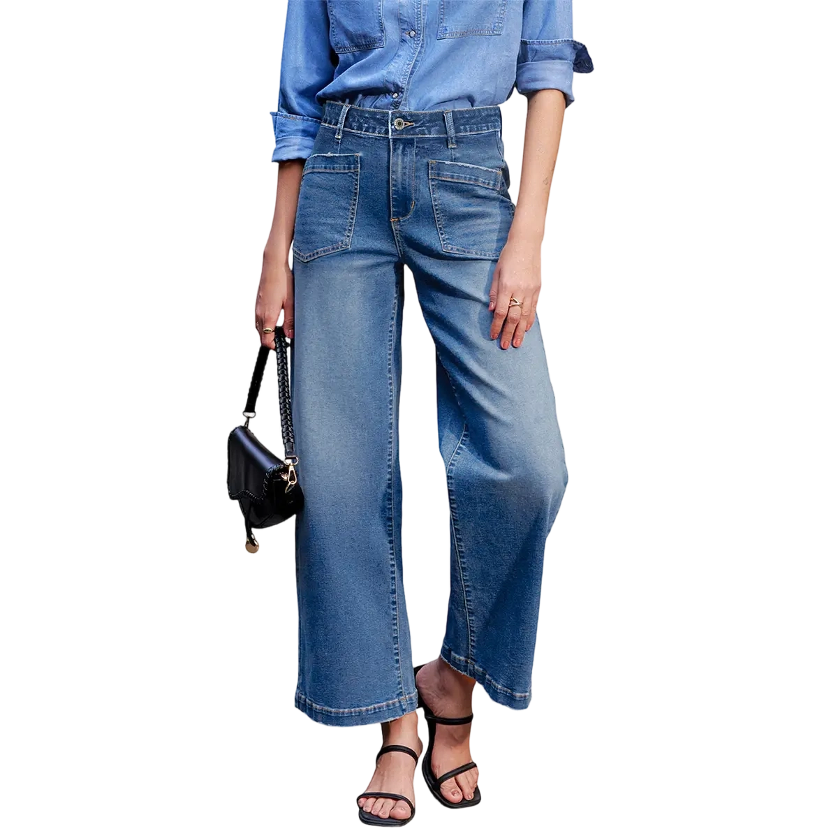 Women's wide leg high-waist stretch denim pants