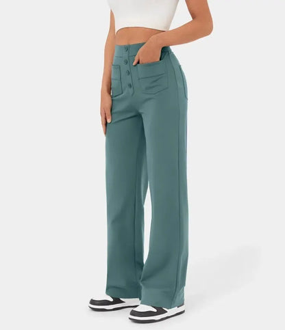 High Waisted Button Multiple Pockets Straight Leg Casual Pants