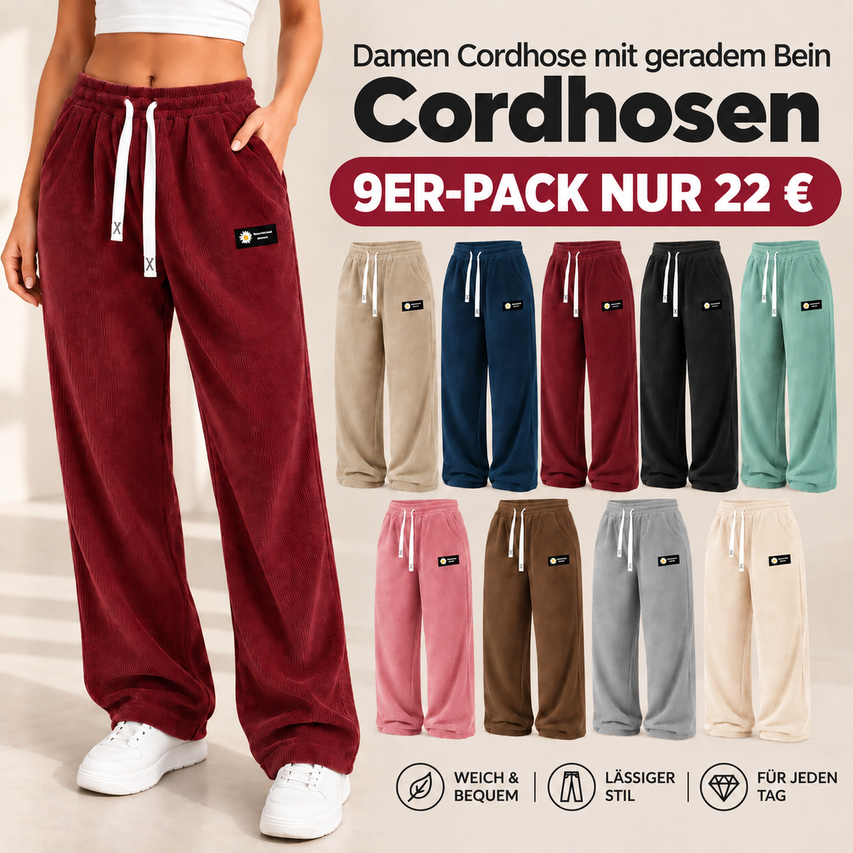 Einfarbige Cordhose für Damen mit geradem Bein