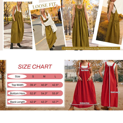 Women's Adjustable Straps Barrel Midi Dress Sleeveless Casual Midi Dress with Side Pockets for Summer Beach Vacation