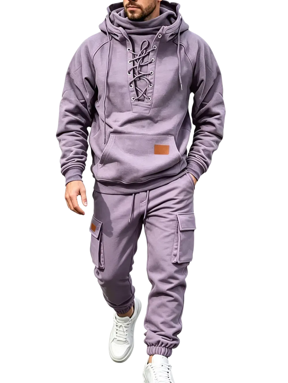 Men's Chest Tie‐Up Hoodie And Multi‐Pocket Ankle‐Cuffed Joggers