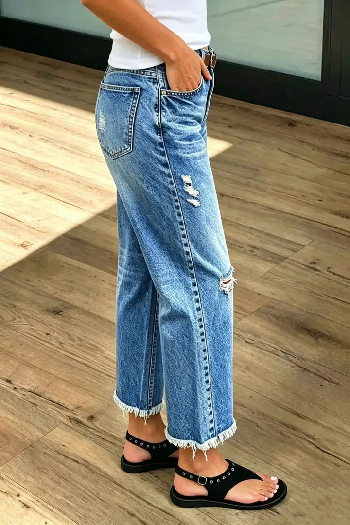🔥 4 FOR ONLY $26.99! Women’s Mid-Waist Straight Leg Crop Jeans – Washed Ripped Raw Hem Denim