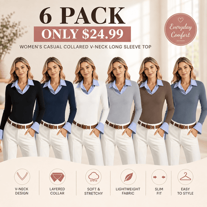 Women's Long Sleeve V-Neck Collared Polo Shirt