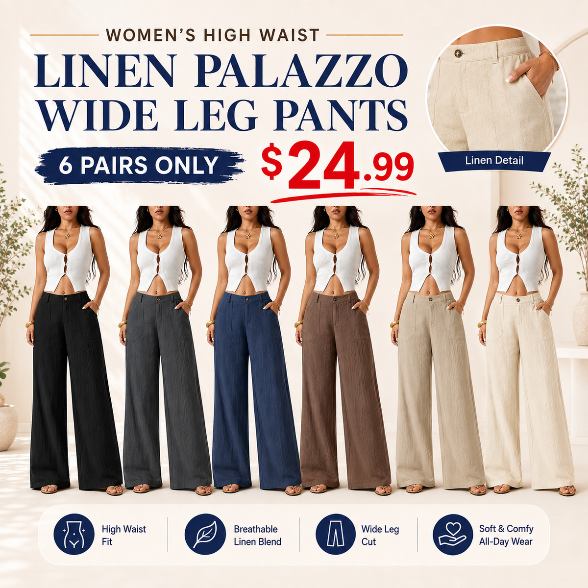 Women's High Waist Linen Palazzo Wide Leg Pants