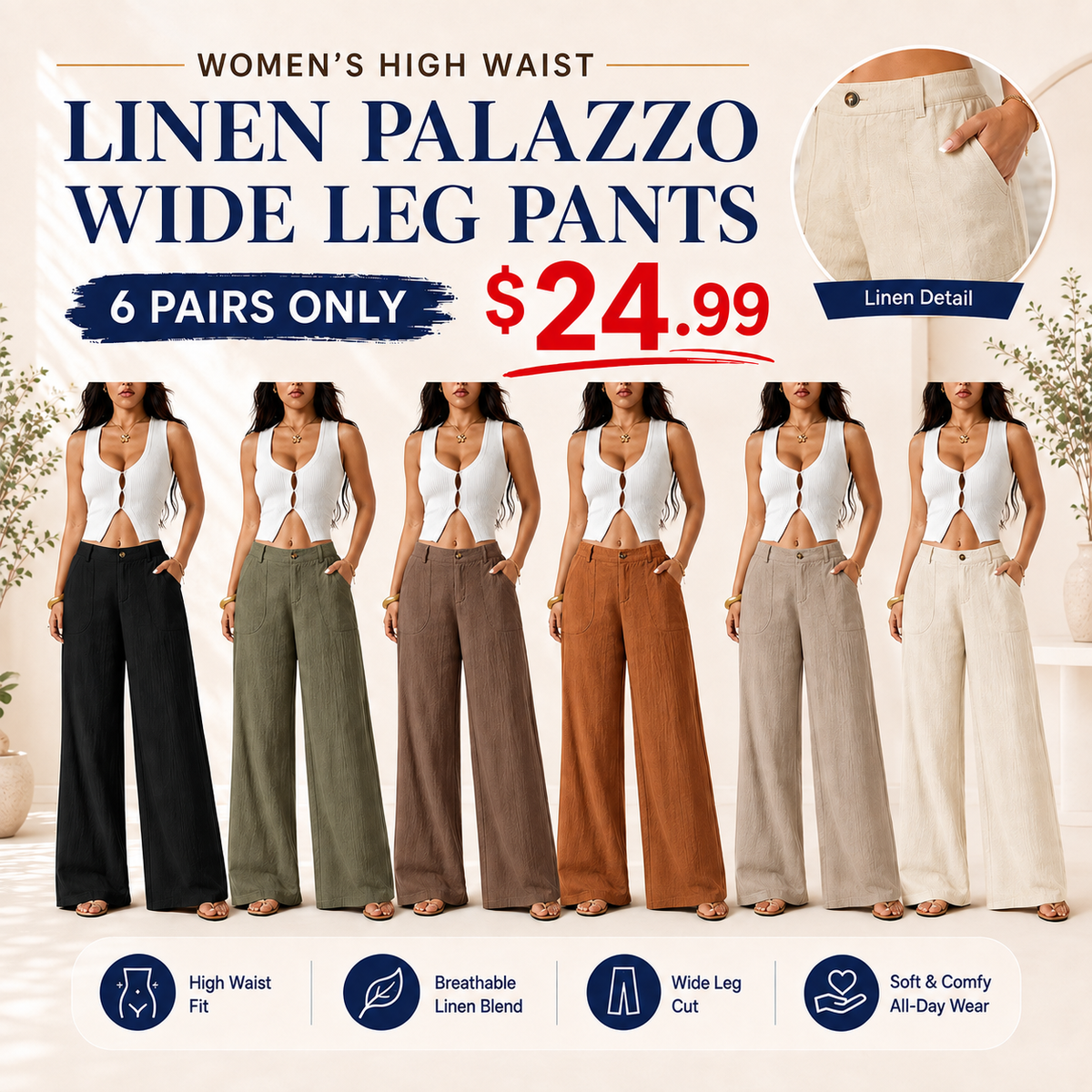 Women's High Waist Linen Palazzo Wide Leg Pants