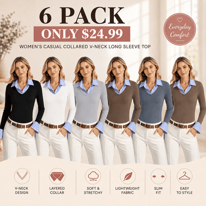 Women's Long Sleeve V-Neck Collared Polo Shirt
