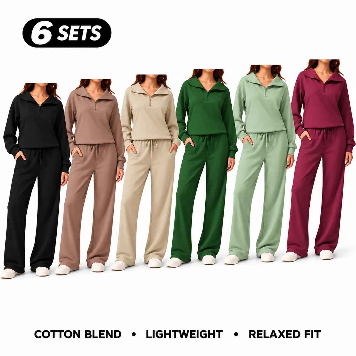 Women's Cotton-Blend Lightweight Relaxed-Fit Half-Zip Tracksuit Set