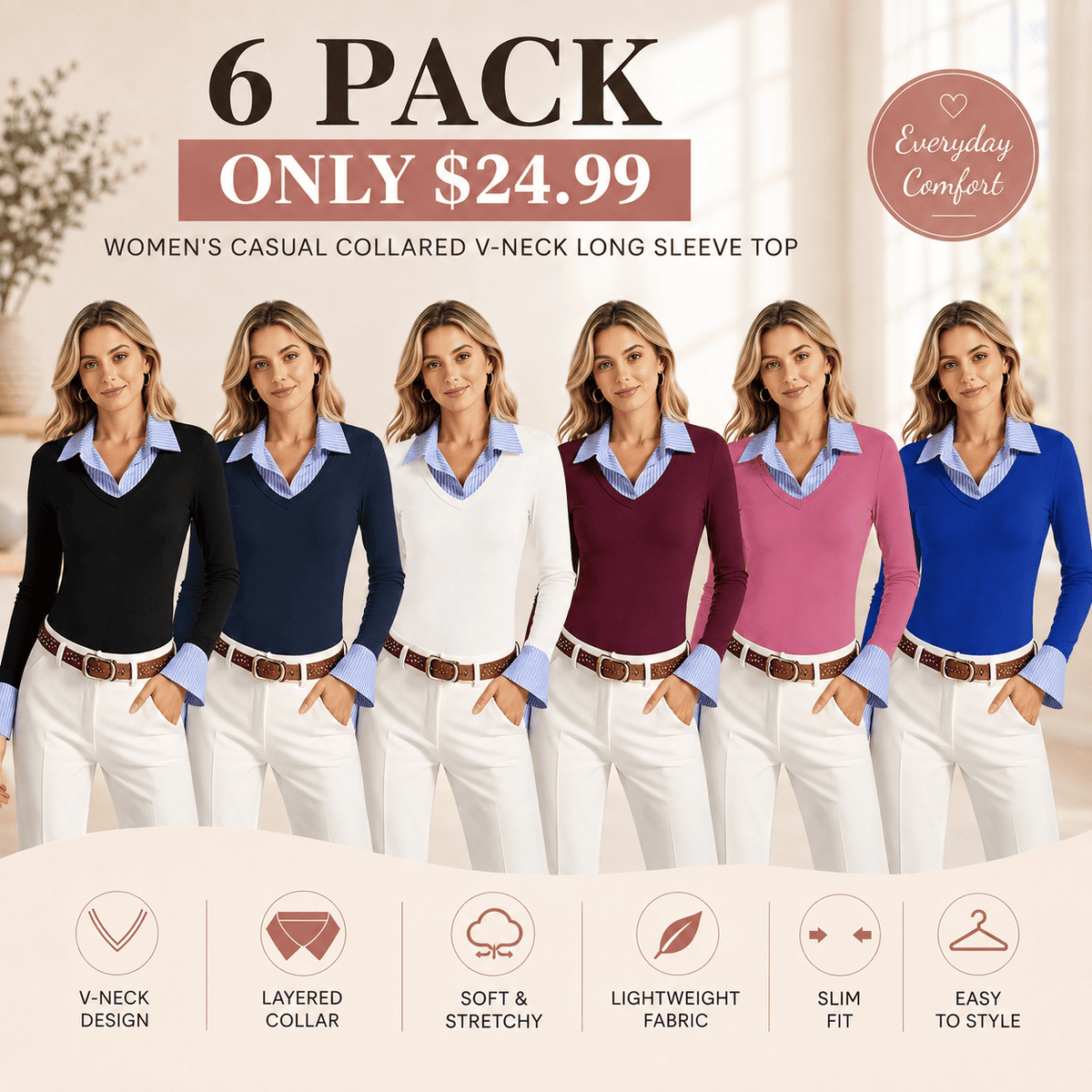 Women's Long Sleeve V-Neck Collared Polo Shirt