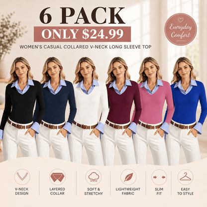 Women's Long Sleeve V-Neck Collared Polo Shirt