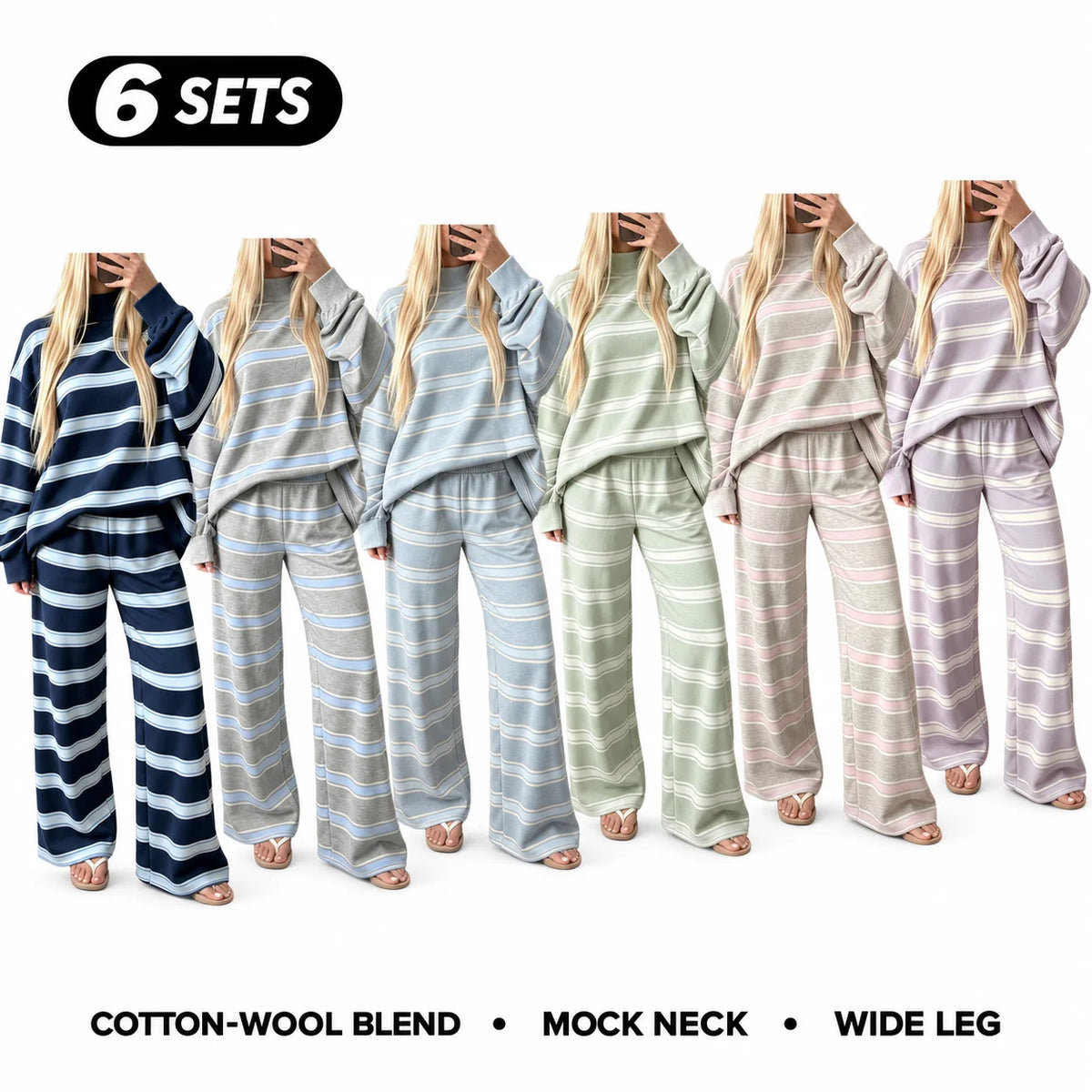 Women’s Cotton-Wool Striped Knit Mock-Neck Pullover & Wide-Leg Pants Set