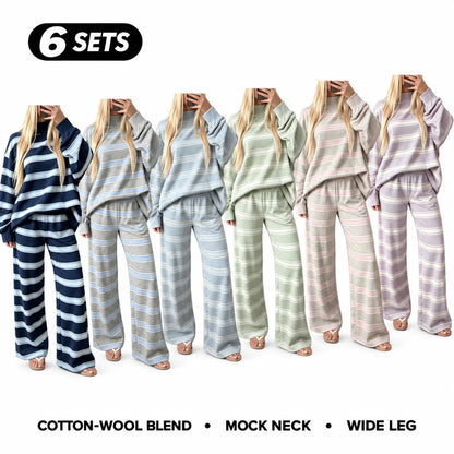 Women’s Cotton-Wool Striped Knit Mock-Neck Pullover & Wide-Leg Pants Set