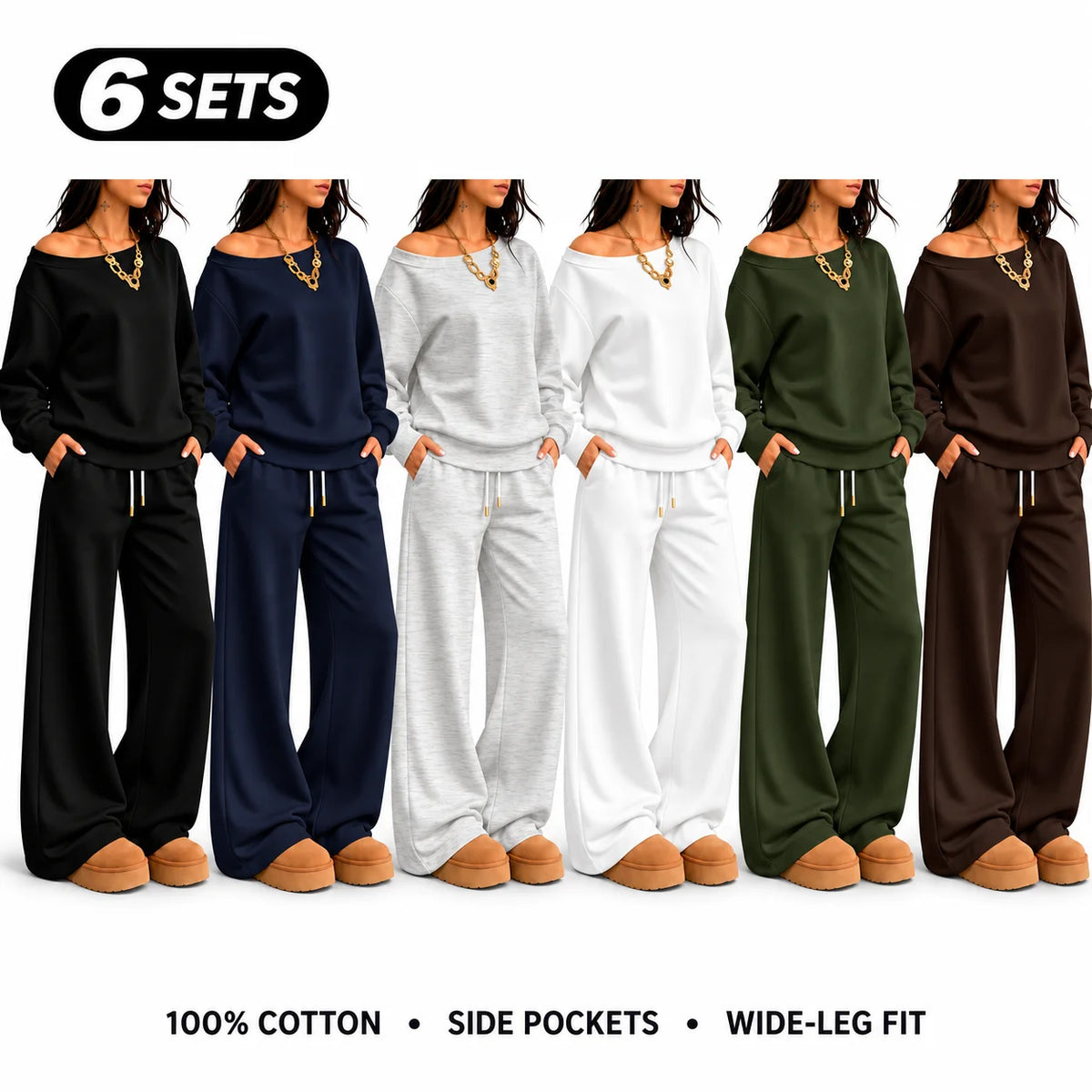 Women's 100% Cotton Two-Piece Set with Asymmetrical Sweatshirt & Wide-Leg Pants
