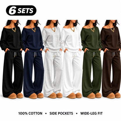 Women's 100% Cotton Two-Piece Set with Asymmetrical Sweatshirt & Wide-Leg Pants